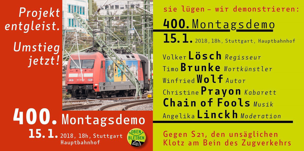 Flyer zur 400. Montagsdemo gegen Stuttgart 21